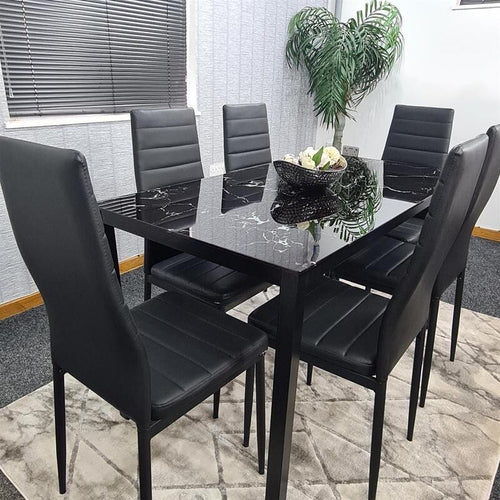 6 Seat Black Marble Effect Glass Dining Table & 6 Chairs Modern Set