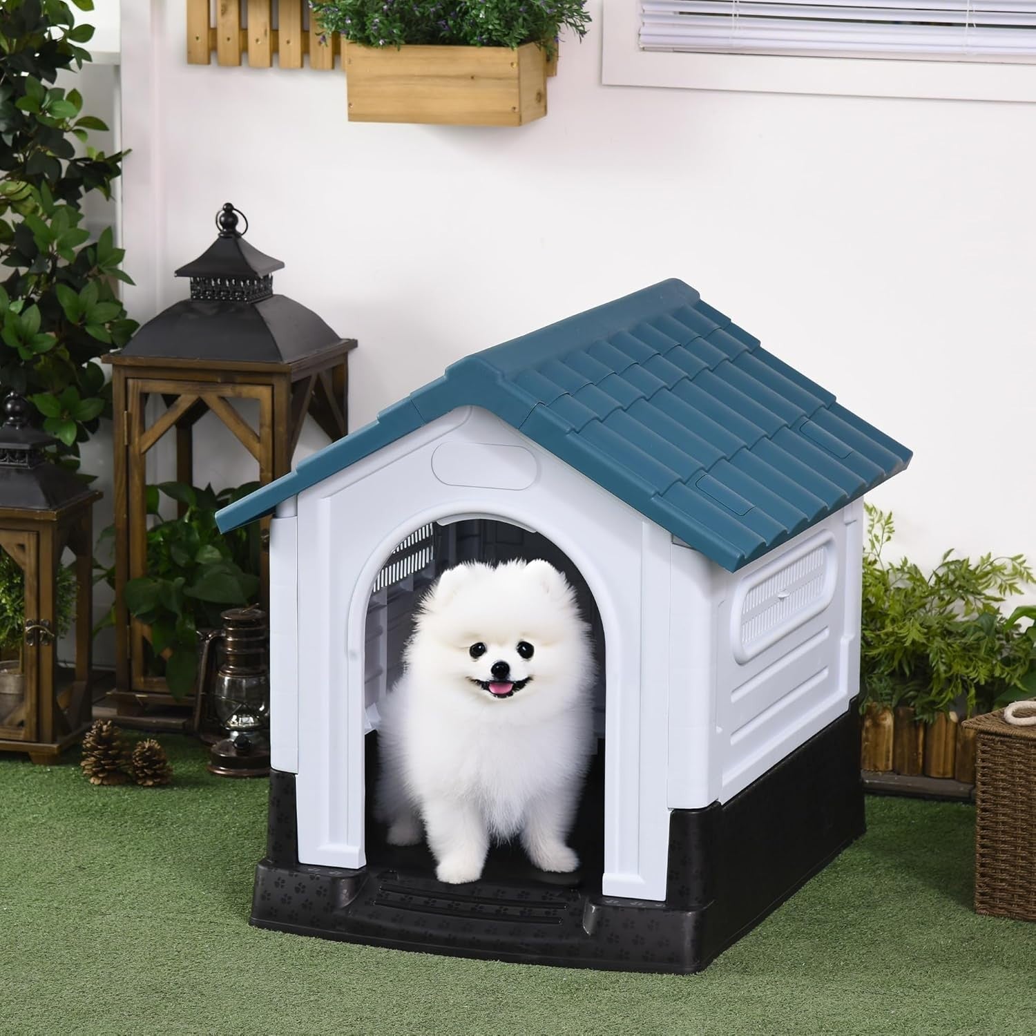 Mini Outdoor Dog House Weatherproof Kennel – Ventilated & Raised Base Blue
