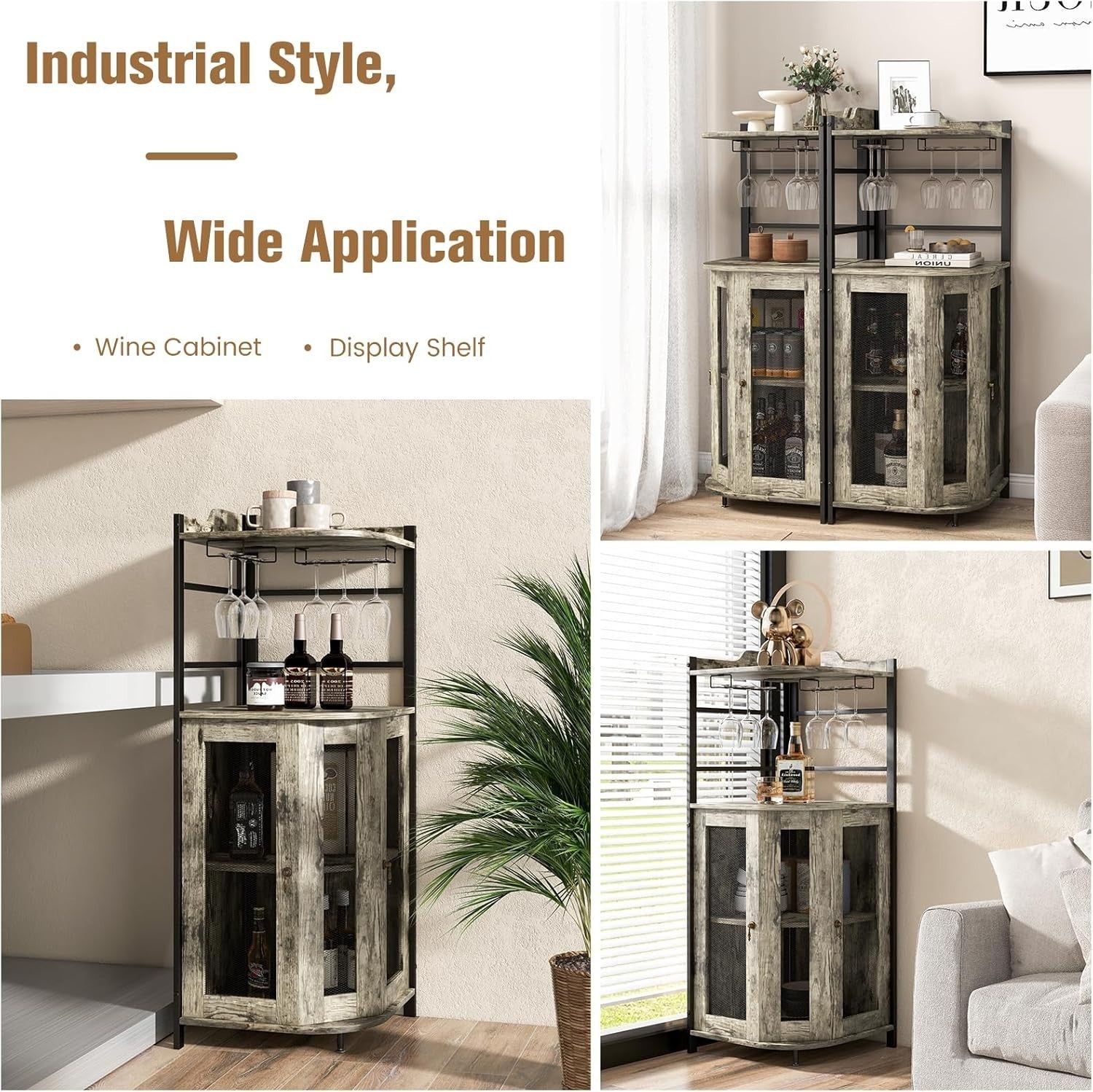 Corner Bar Cabinet with Wine Glass Rack & Storage Shelves Home Drinks Unit