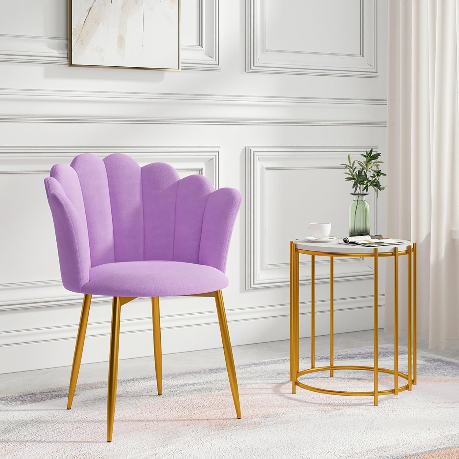 Velvet Vanity Chair Shell Back Gold Metal Legs Purple