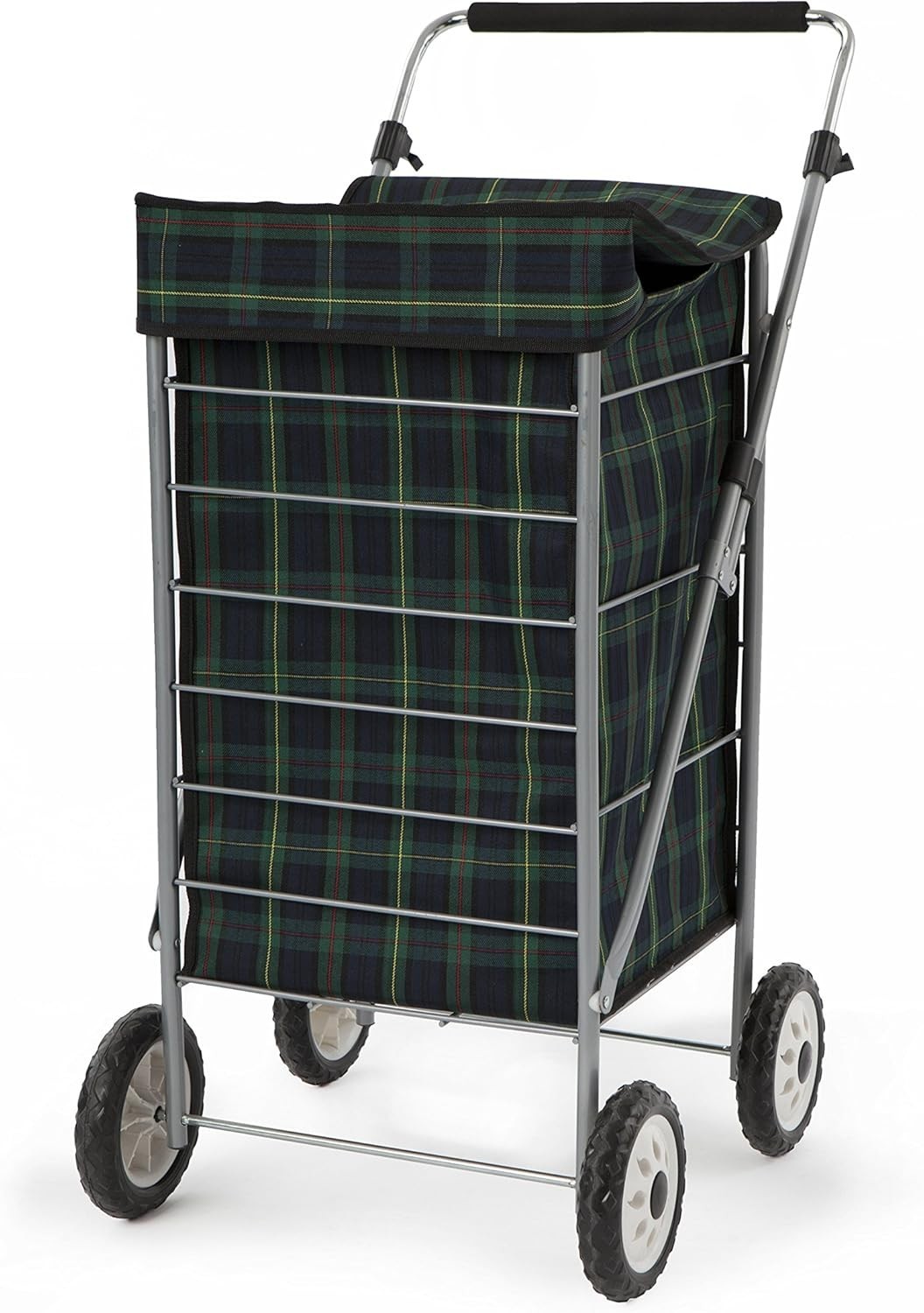 60L 4-Wheel Shopping Trolley Blue & Green Tartan Adjustable Handle Steel Frame