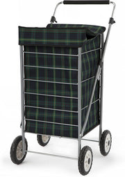 60L 4-Wheel Shopping Trolley Blue & Green Tartan Adjustable Handle Steel Frame