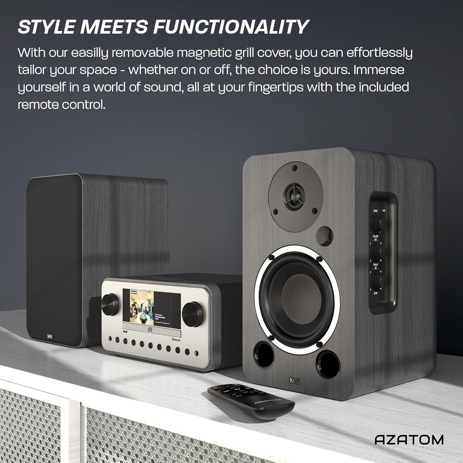 80W Bluetooth Bookshelf Speakers Hi-Res Audio HDMI Optical RCA Grey Finish