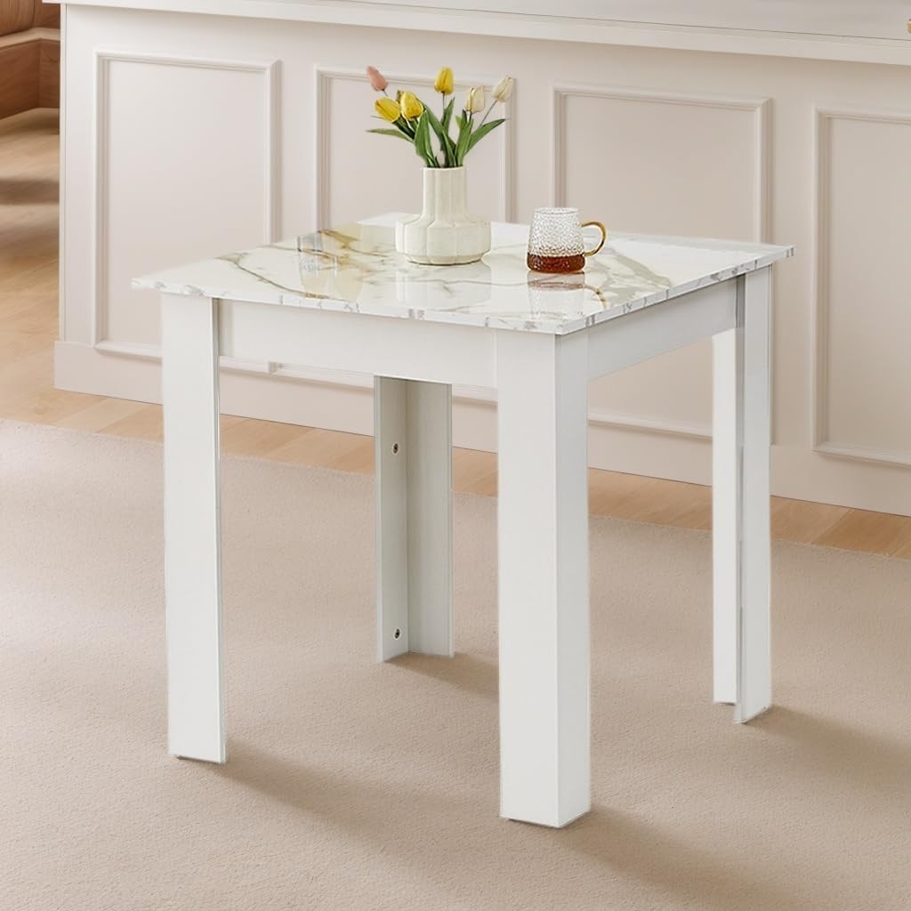 3 Piece Marble Dining Table Set with 2 White PU Chairs for Small Spaces