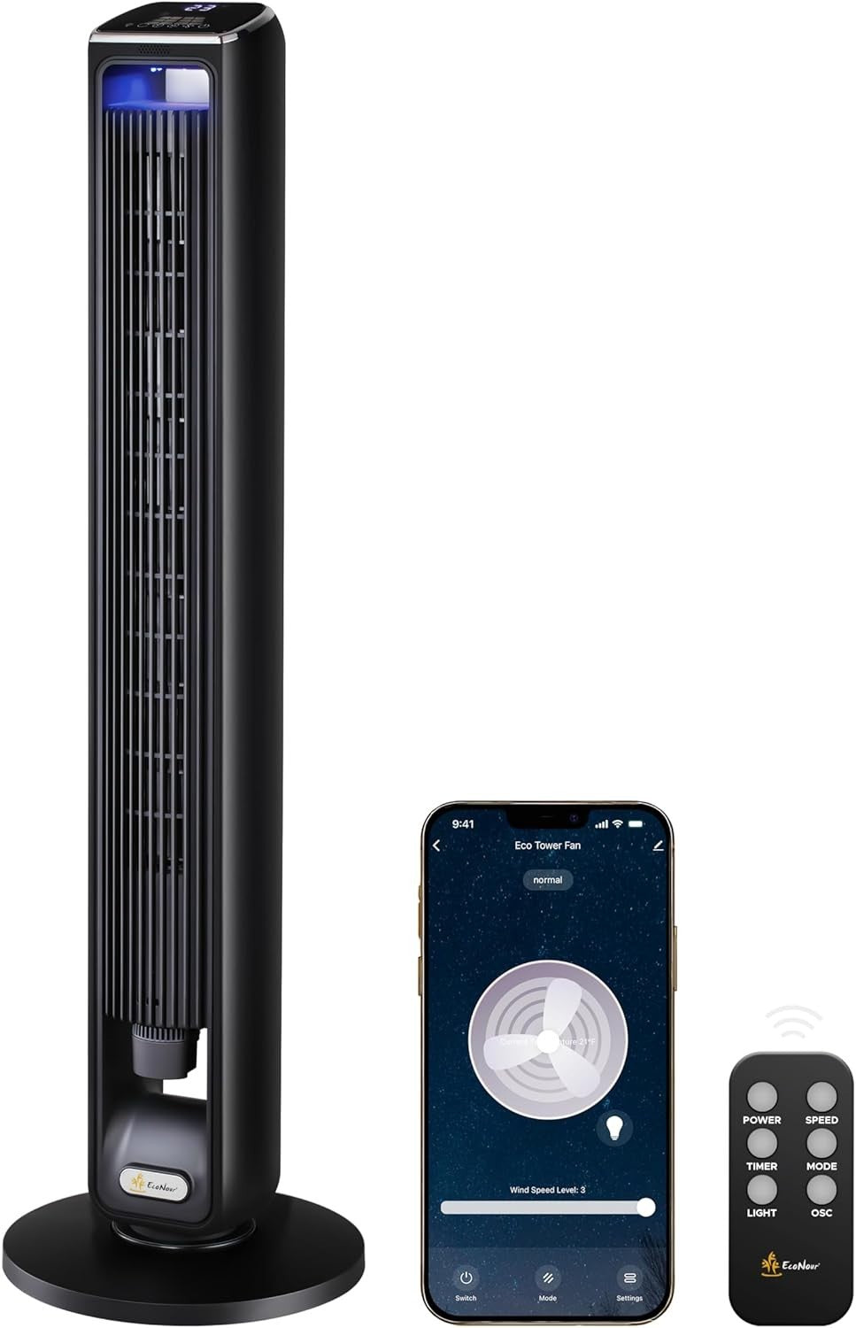 42" Smart Tower Fan – WiFi Alexa Control LED Bladeless Cooling Fan Black Remote