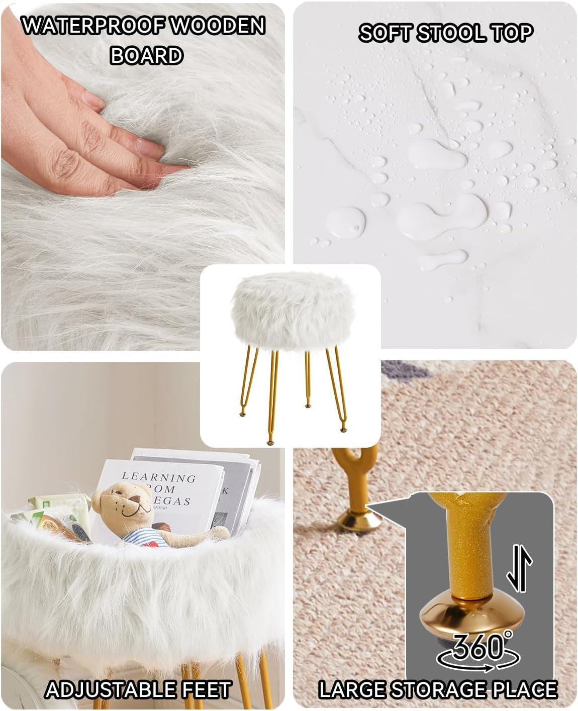 White Round Vanity Stool with Storage – Soft Furry Seat & Metal Legs
