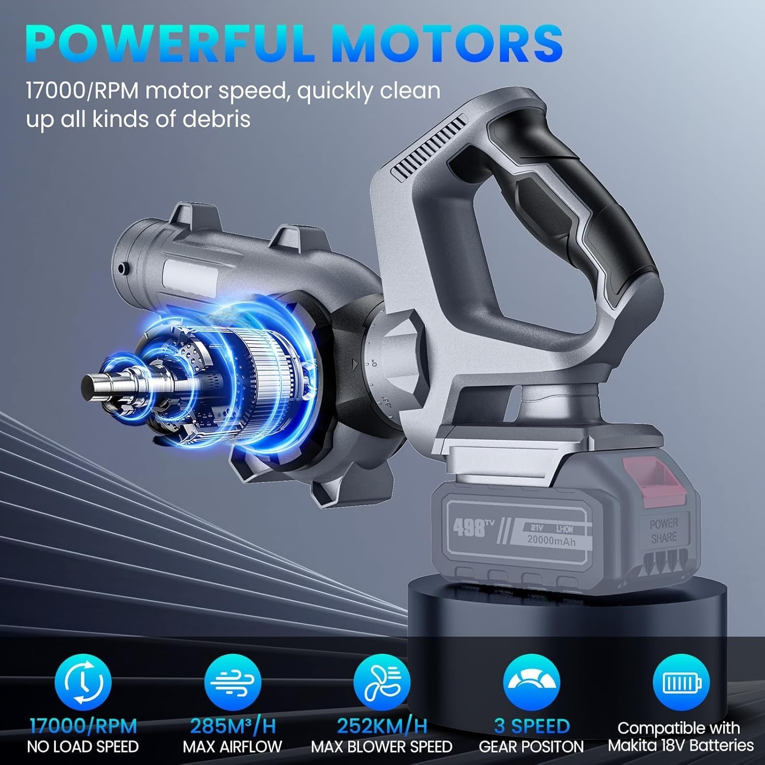 18V Cordless Leaf Blower 252km/h Turbo Adjustable Speed Garden Patio