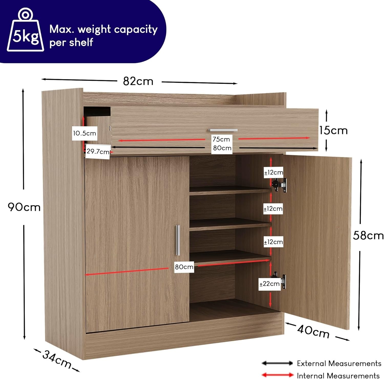 Modern Oak Shoe Cabinet 2 Door 1 Drawer Cupboard Hallway Storage Unit