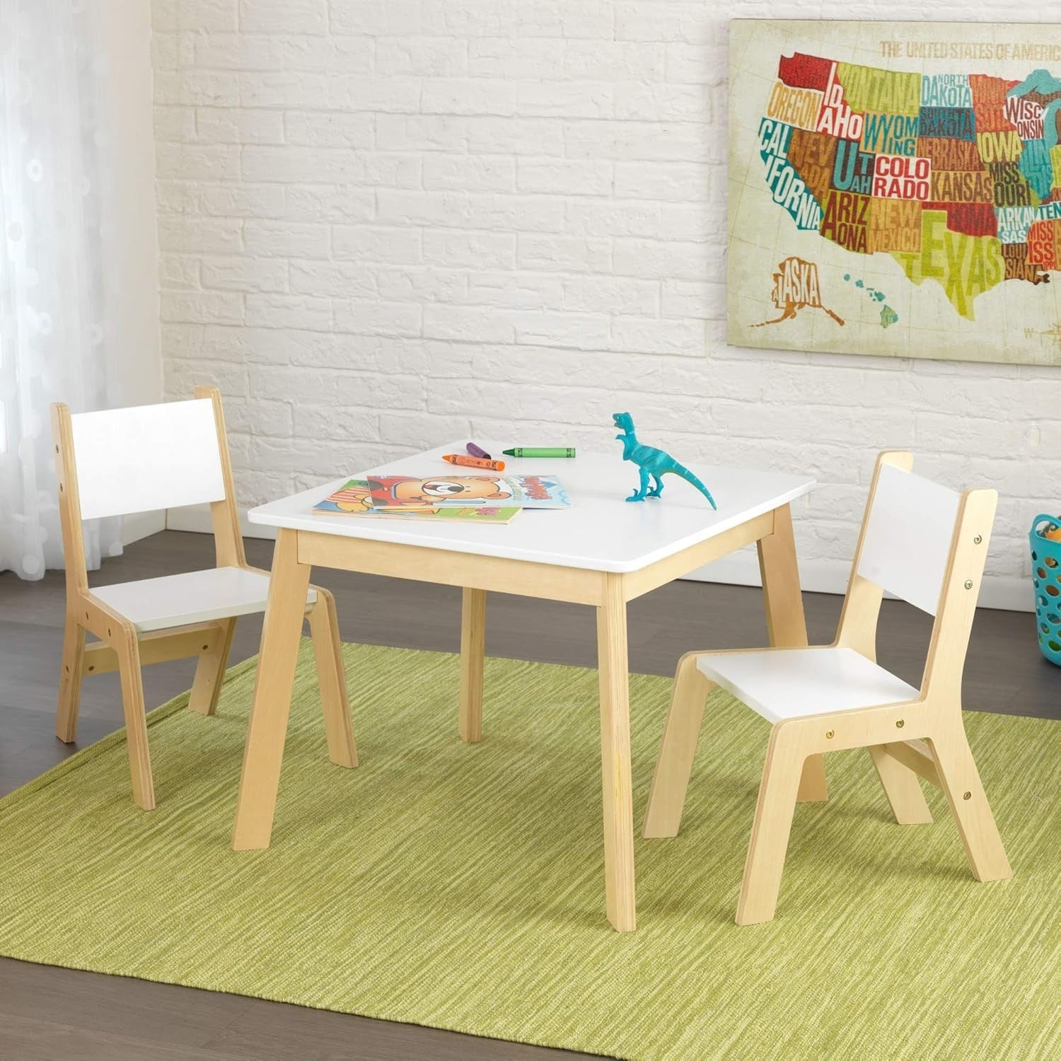 Kids Wooden Table & 2 Chairs Set, Modern White Playroom Furniture 64cm