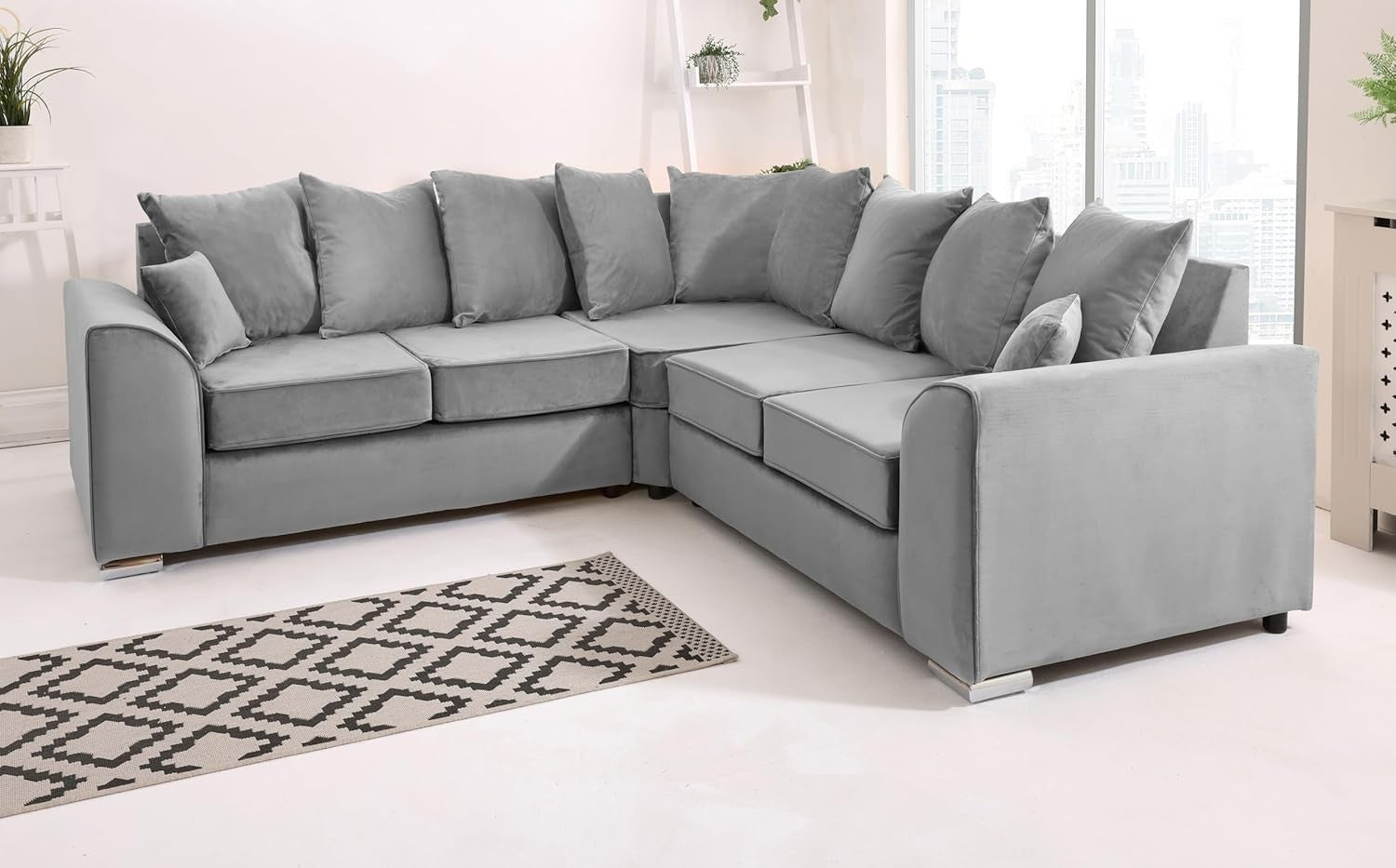 Silver Plush Velvet 5 Seater Corner Sofa–Scatterback Foam Cushions & Chrome Feet