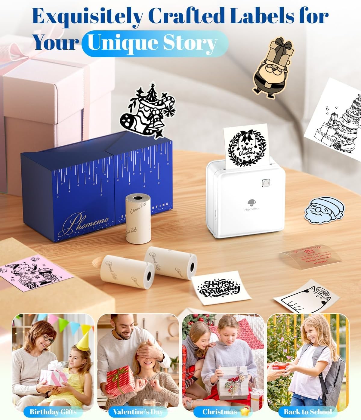 Mini Bluetooth Sticker Printer 300DPI Thermal Photo White