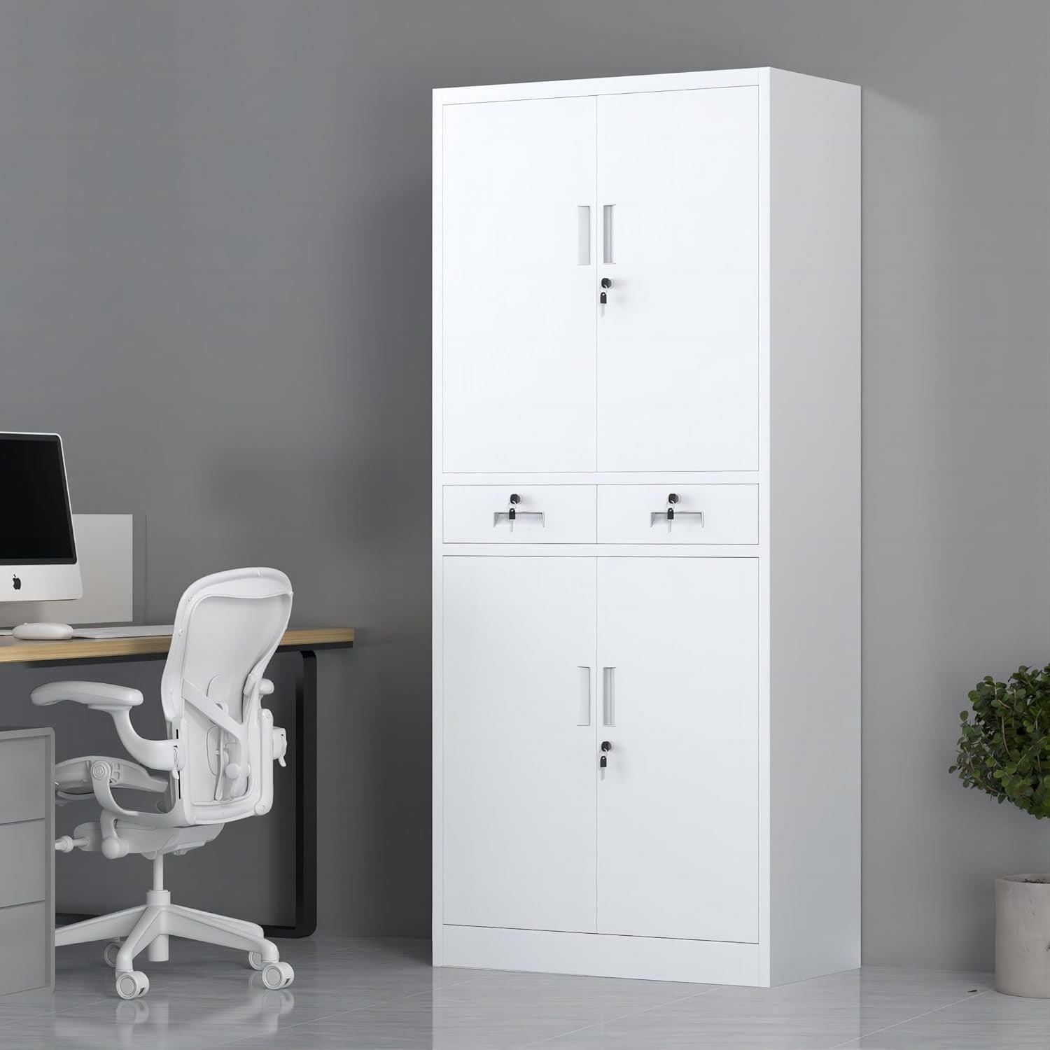 White Metal Storage Cupboard with Locks Drawers Adjustable Shelves 180cm