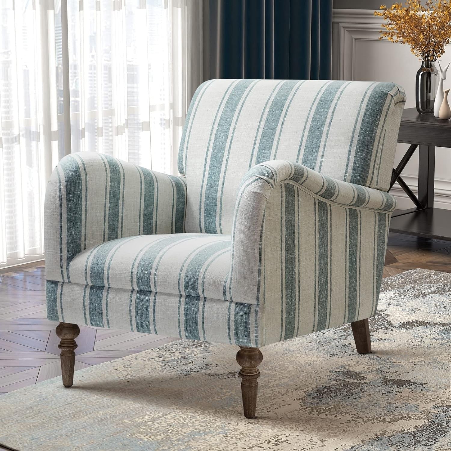 Striped Upholstered Armchair with Wooden Legs for Lounge or Bedroom Blue