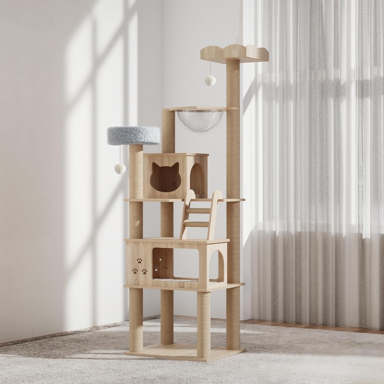 Large Cat Tree Tower 184cm Multi Level Wooden Condo Capsule Scratching Posts