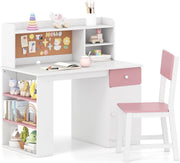 Kids Study Desk and Chair Set Wooden Writing Table Storage Shelves Drawer Pink