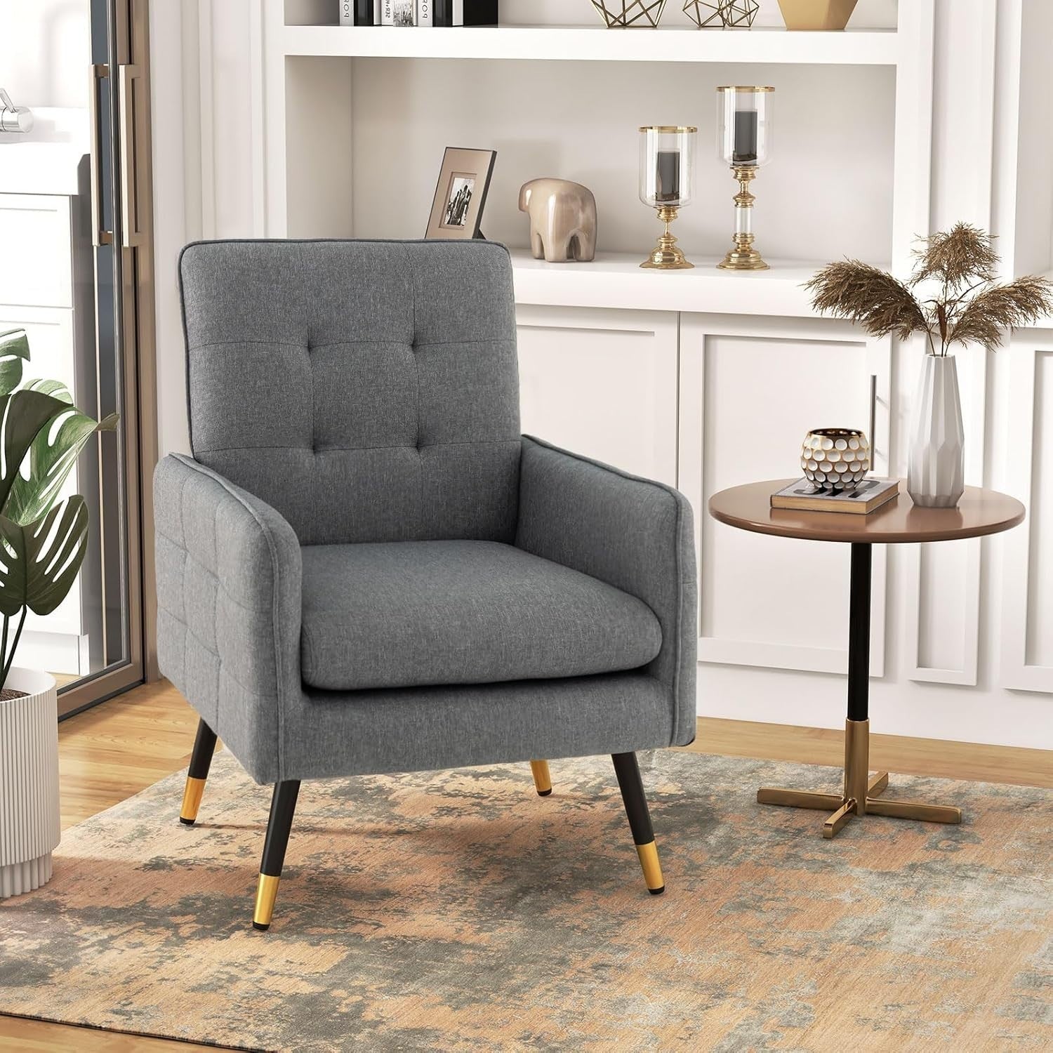 Comfy Grey Linen Accent Chair, Modern Tufted Sofa Chair with Metal Legs