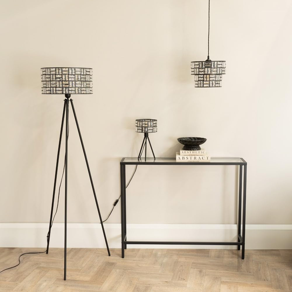 Black Tripod Floor Lamp Clear Acrylic Jewel Drum Shade Glam Light