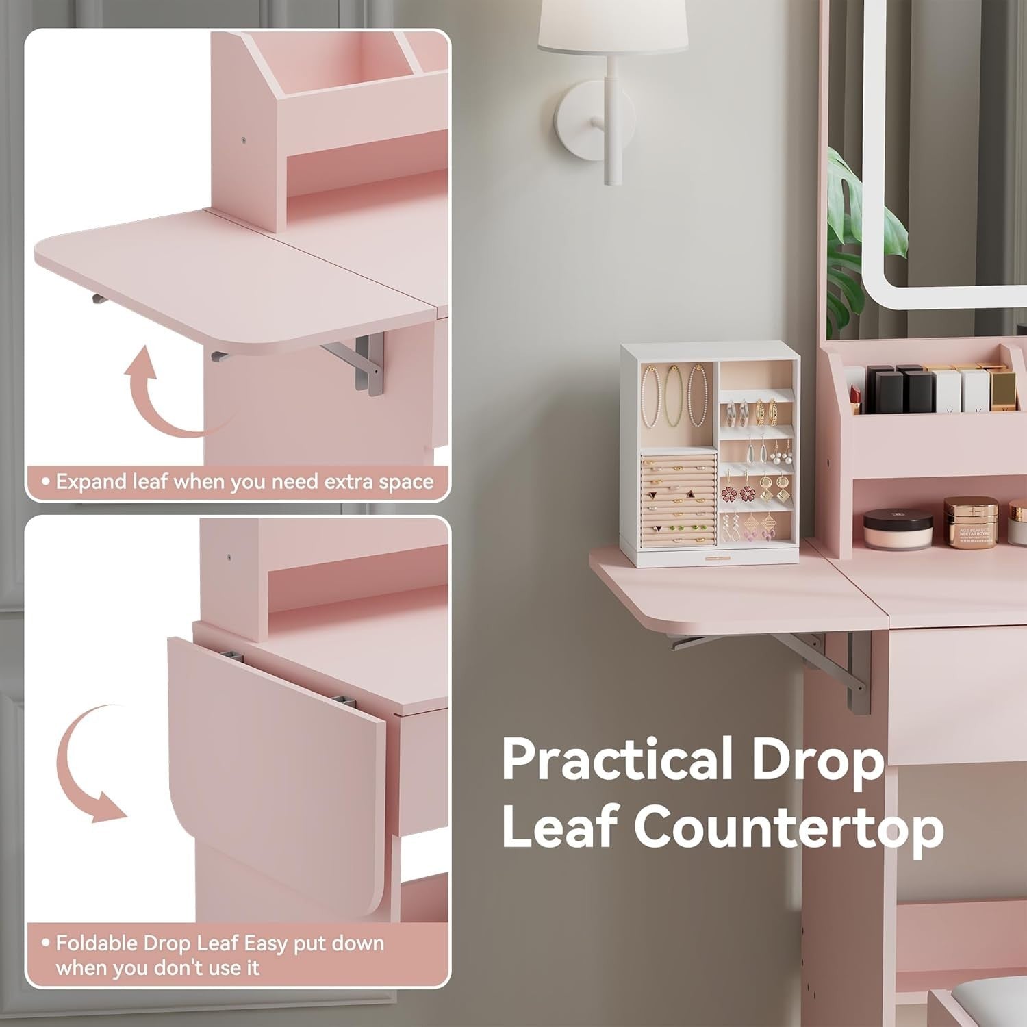 Pink Vanity Desk Makeup Table Set w/LED Light Mirror Drawers Stool Storage
