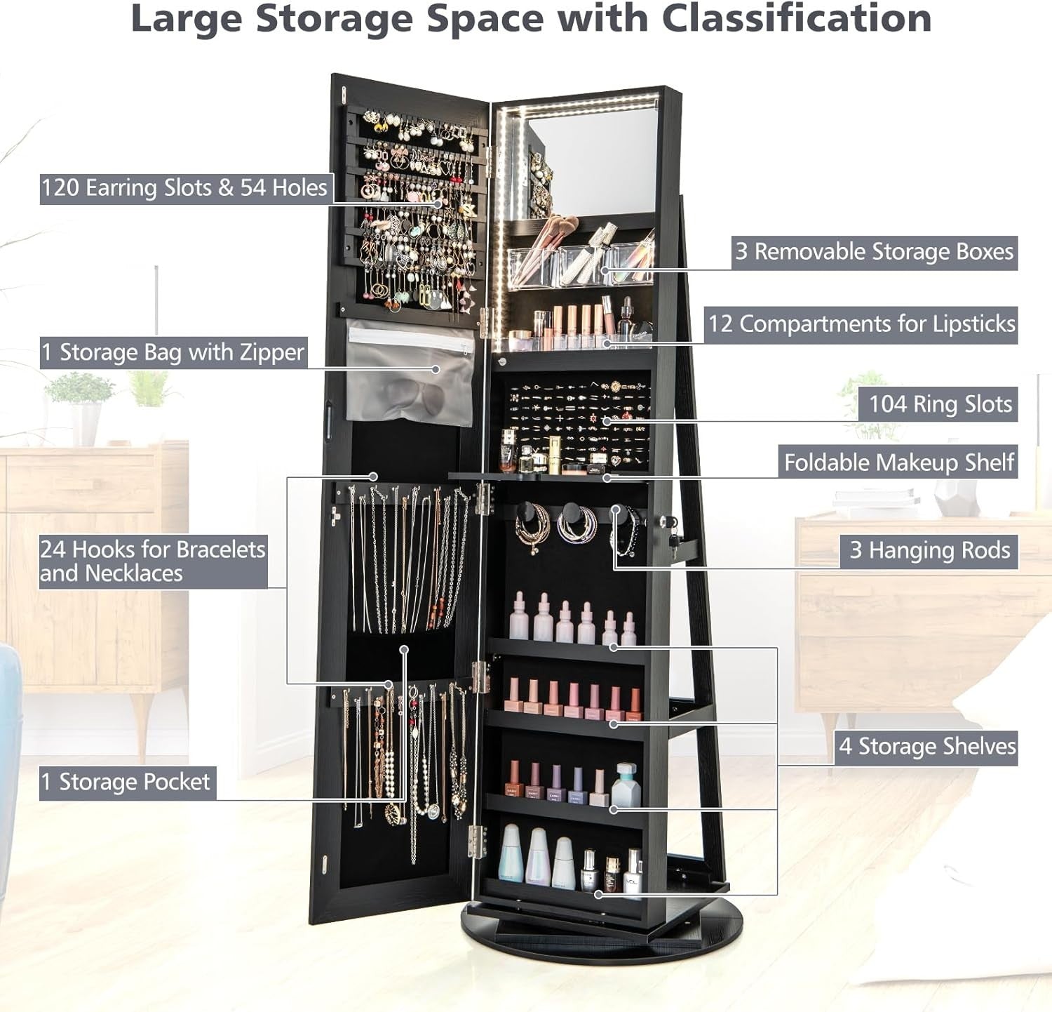 Black 360° Swivel LED Jewelry Cabinet Mirror Lockable 3-Color Storage