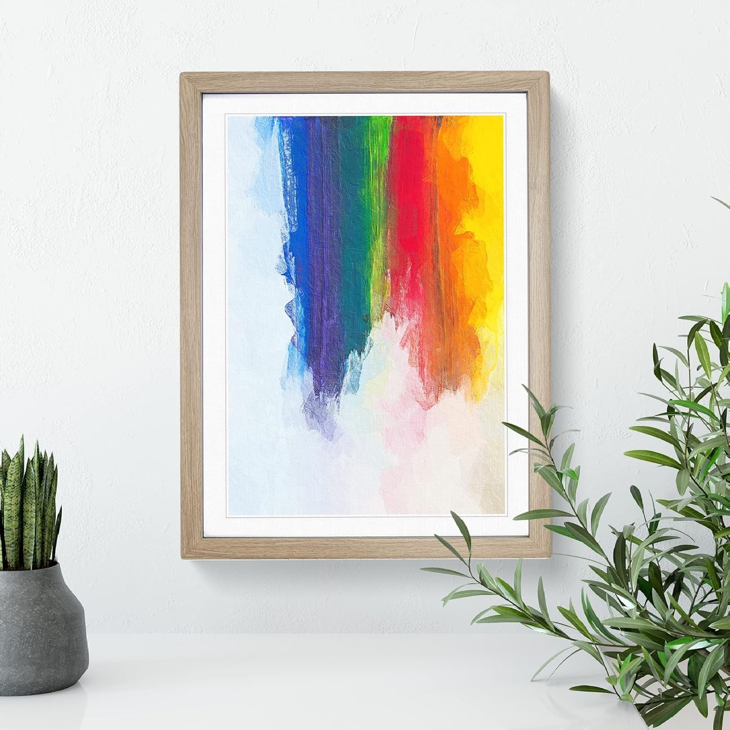 Rainbow Abstract Framed Wall Art A2 Oak Ready to Hang
