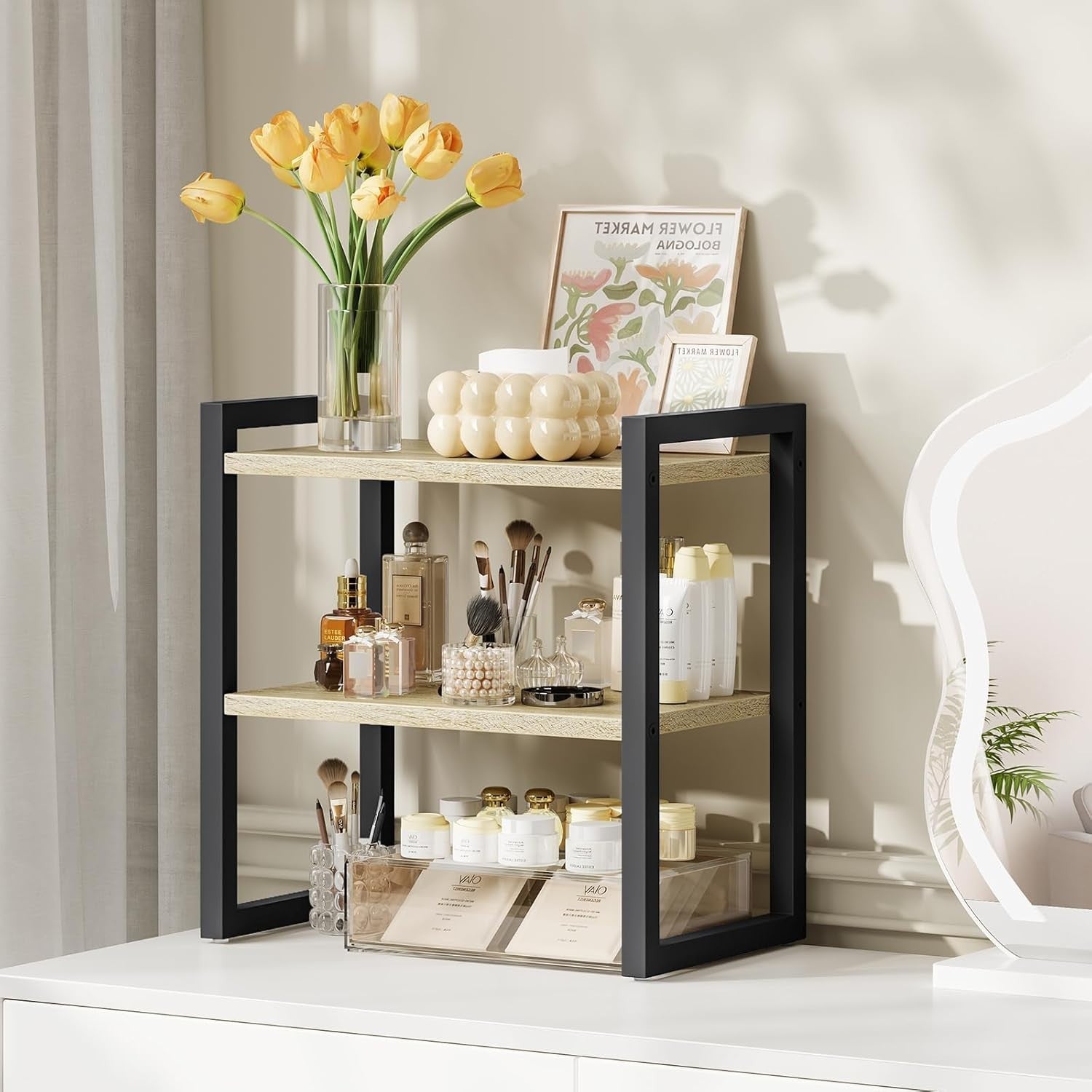 2-Tier Black & Natural Desk Shelf Desktop Bookshelf Organizer for Office & Home