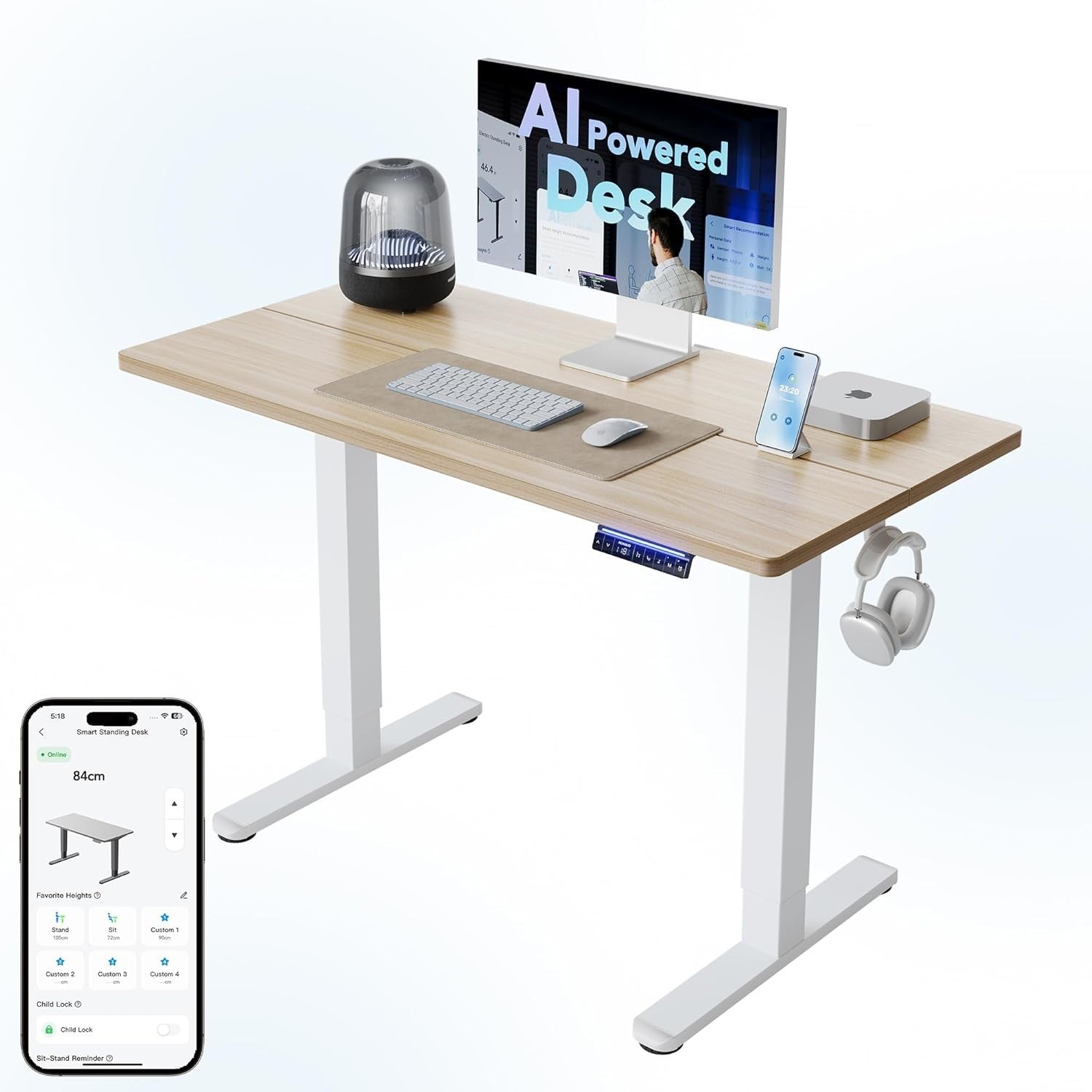 AI Electric Standing Desk Smart App Sit Stand Height Adjustable 120x60cm