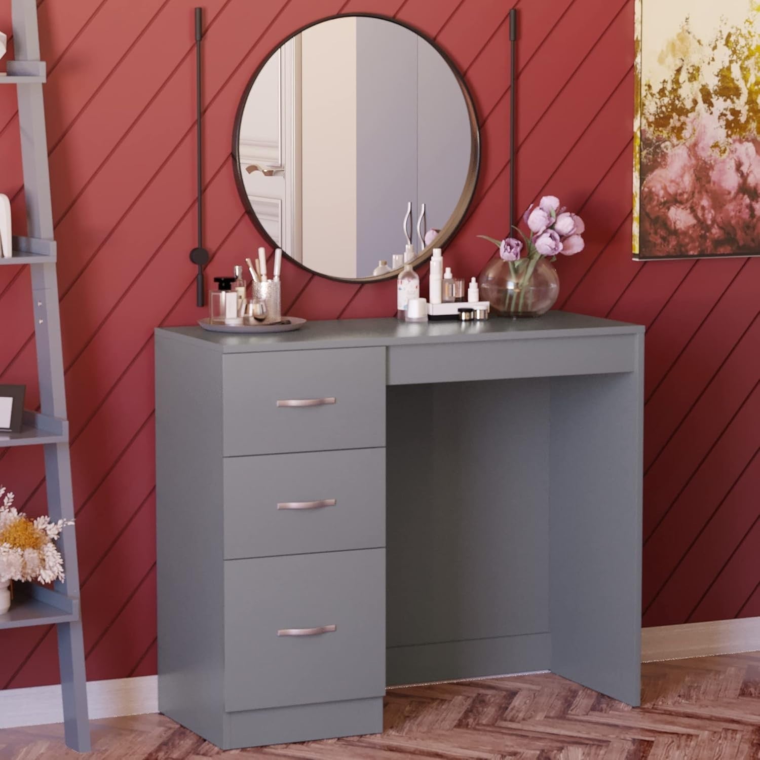 Grey Dressing Table Modern Vanity Desk 3-Drawer Storage Makeup Engineered Wood
