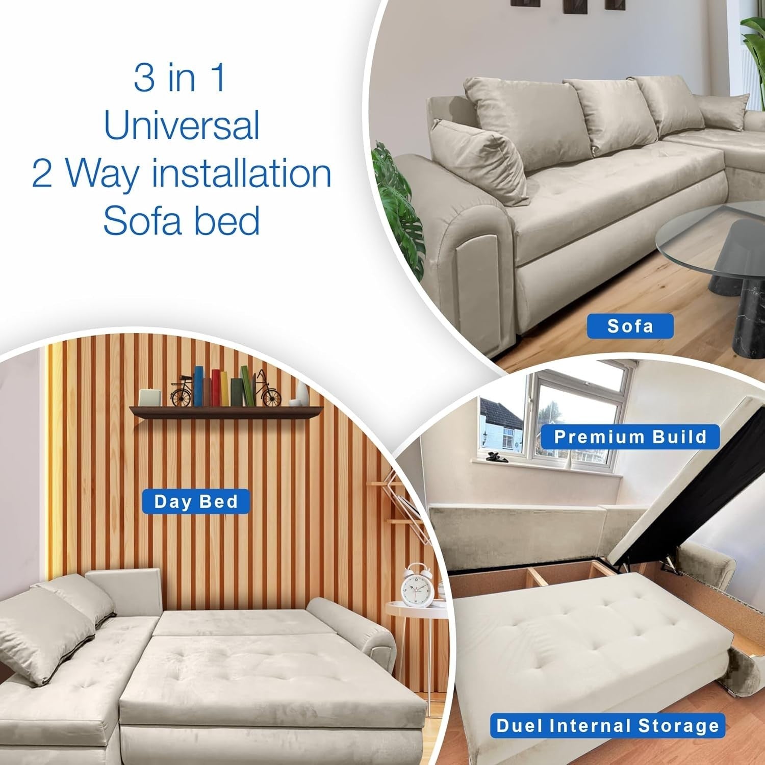 Cream L-Shape Sofa Bed w/ Pull-Out Sleeper & Storage Velvet 4 Seater Couch