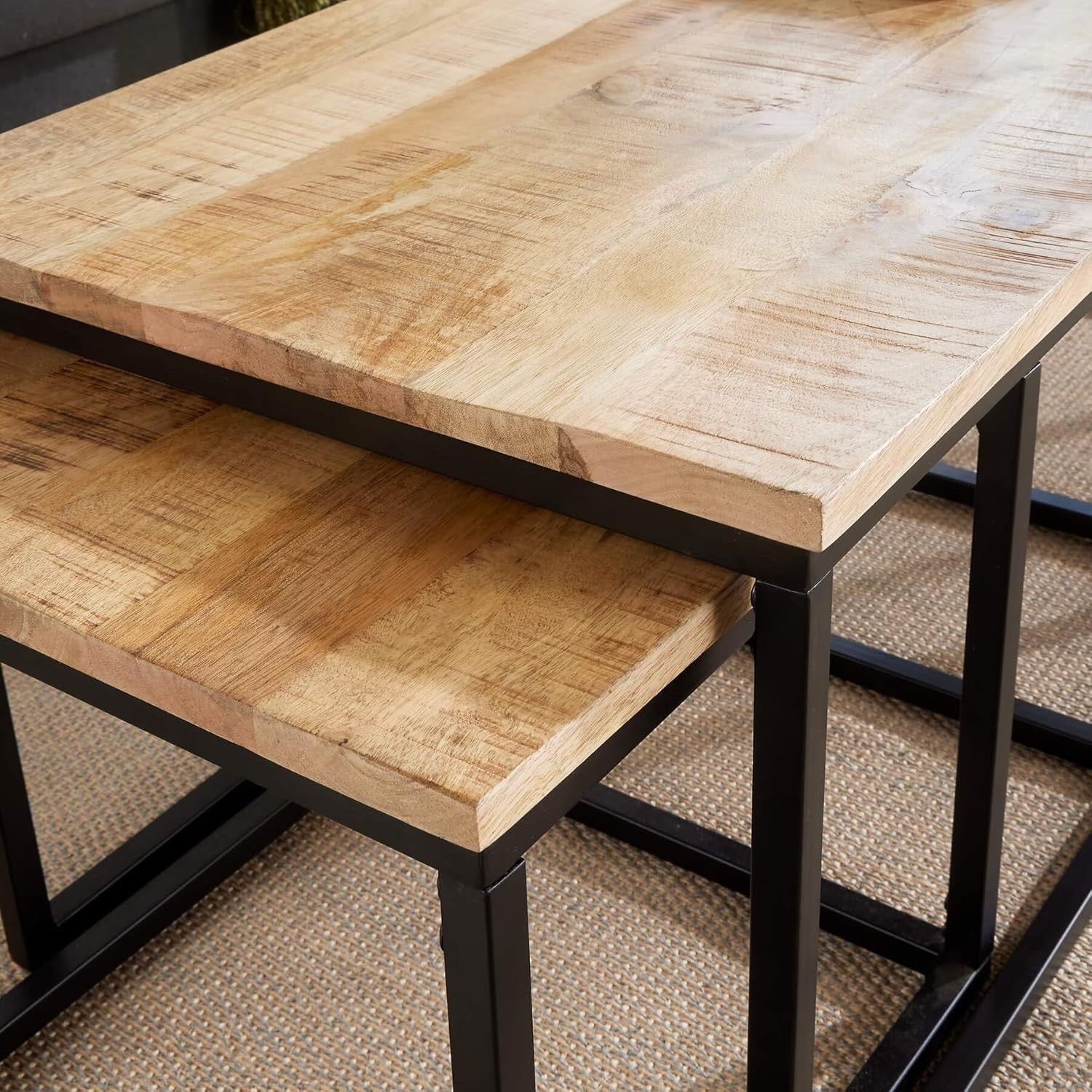 3pc Nesting Coffee Tables Set Mango Wood Metal Frame Modern Industrial Flair