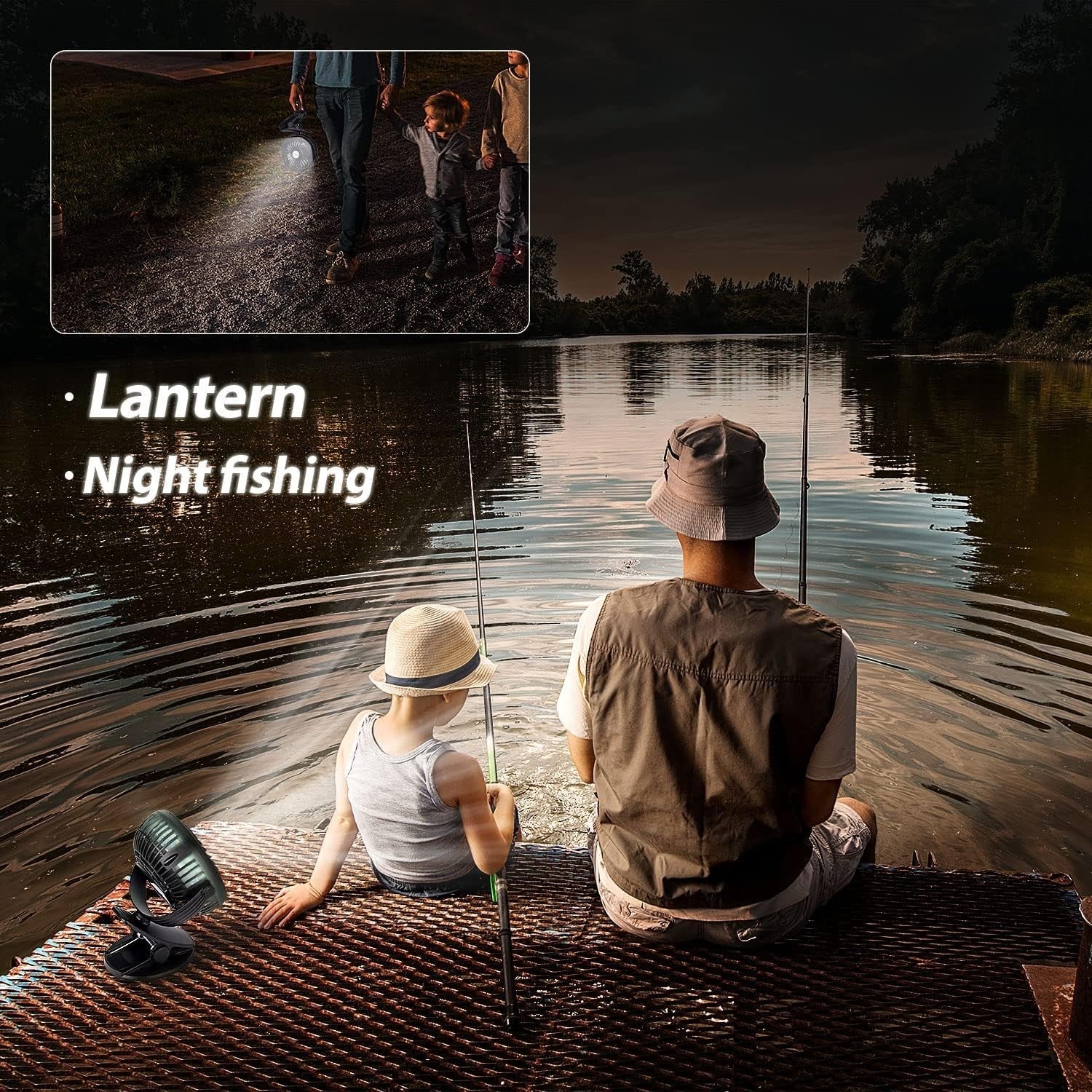 Clip-On Camping Fan – Rechargeable Desk Fan w/ LED Light 3 Speeds Portable Black