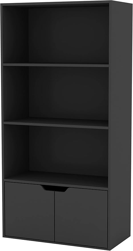 Modern 4-Tier Wide Bookcase Storage Unit with Cupboard Doors – Black Shelf