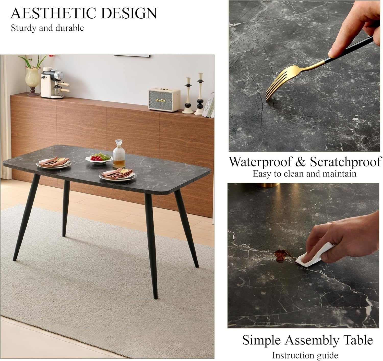 Modern 5-Piece Dining Table Set with 4 Chairs, Marble Effect, 140x80cm
