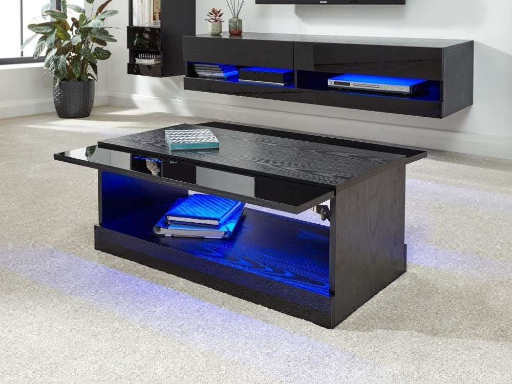 LED Coffee Table with Storage & High Gloss Finish – Modern Black TV Unit