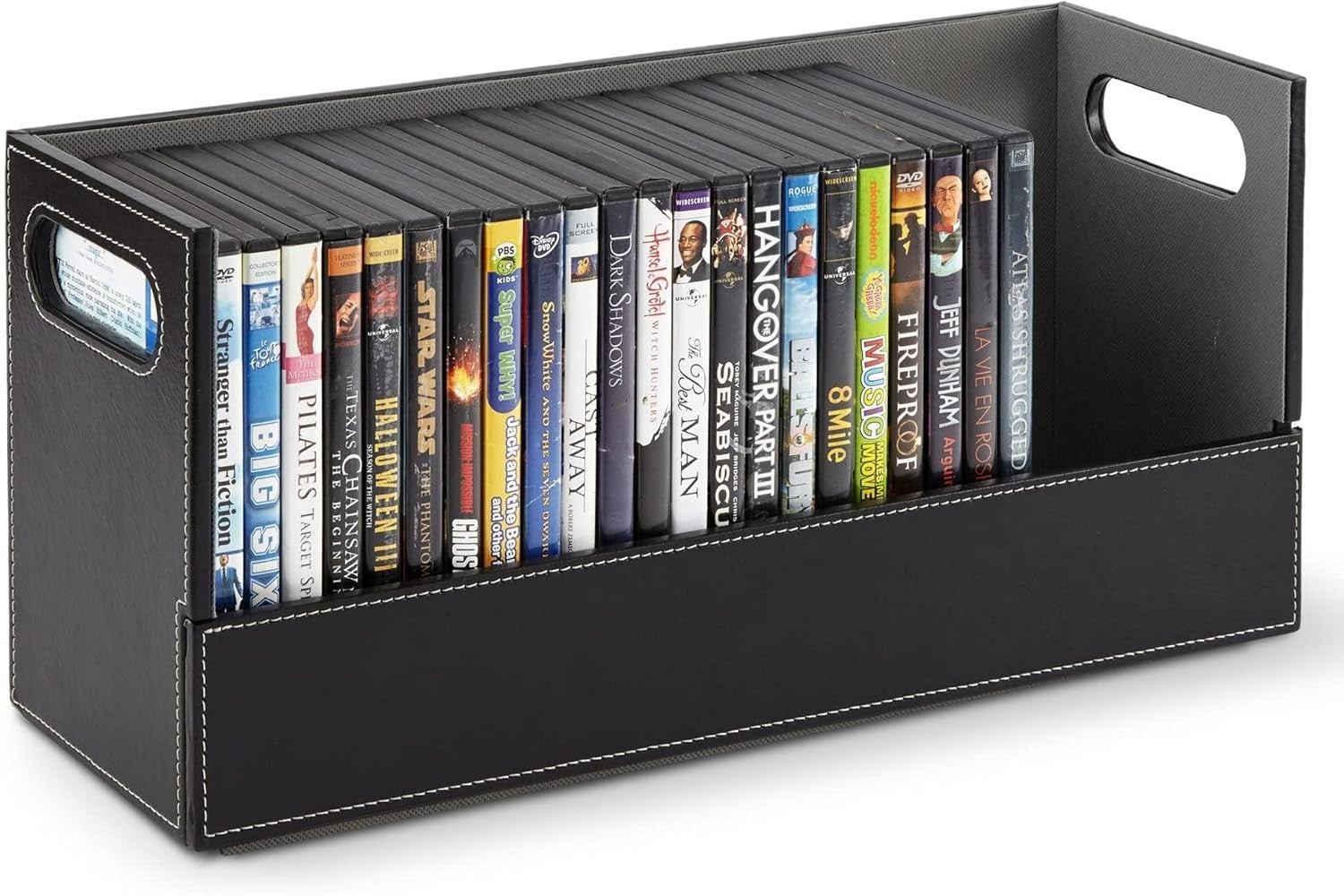 DVD Storage Box Organizer Holds 28 Cases Faux Leather Stackable