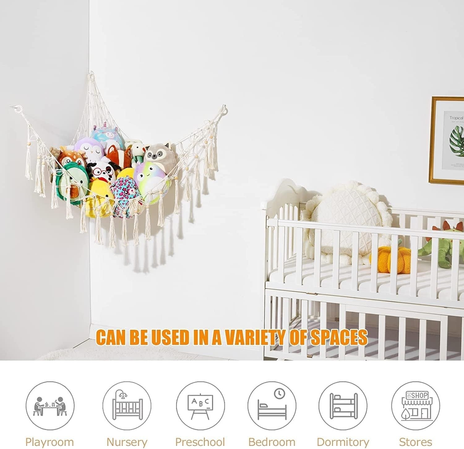 White Macrame Toy Hammock – Stuffed Animal Storage Net with Hooks – Nursery