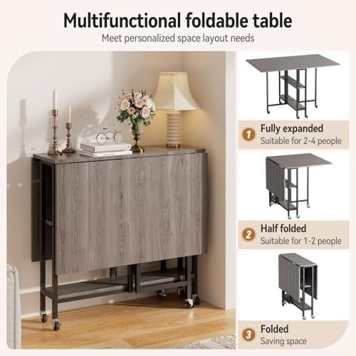 Space-Saving Folding Dining Table with Wheels & Storage Shelves
