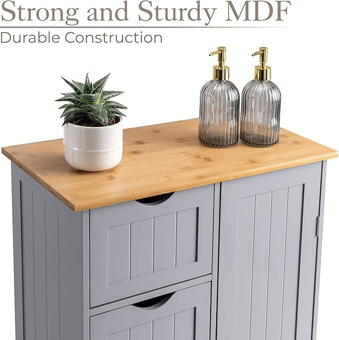 Wooden Grey Bathroom Cabinet with 4 Drawers & Shelf – Bamboo Top Storage