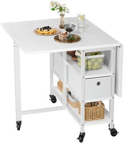 White Folding Dining Table Drop Leaf with Storage 120cm