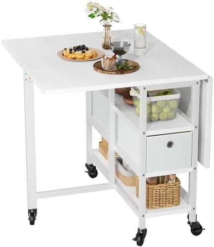 White Folding Dining Table Drop Leaf with Storage 120cm