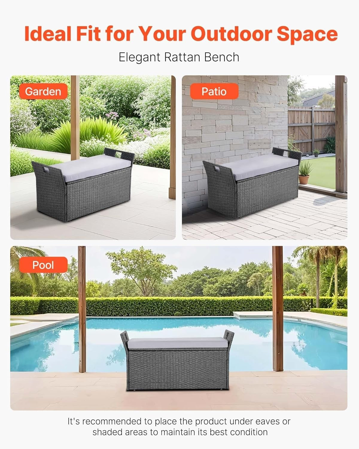 Outdoor 2-Person Storage Bench with Cushion, Weatherproof Rattan, 400 lbs Load