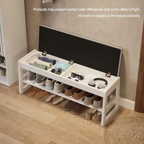 2-Tier White Shoe Storage Bench with Flip-Top & Cushion Seat