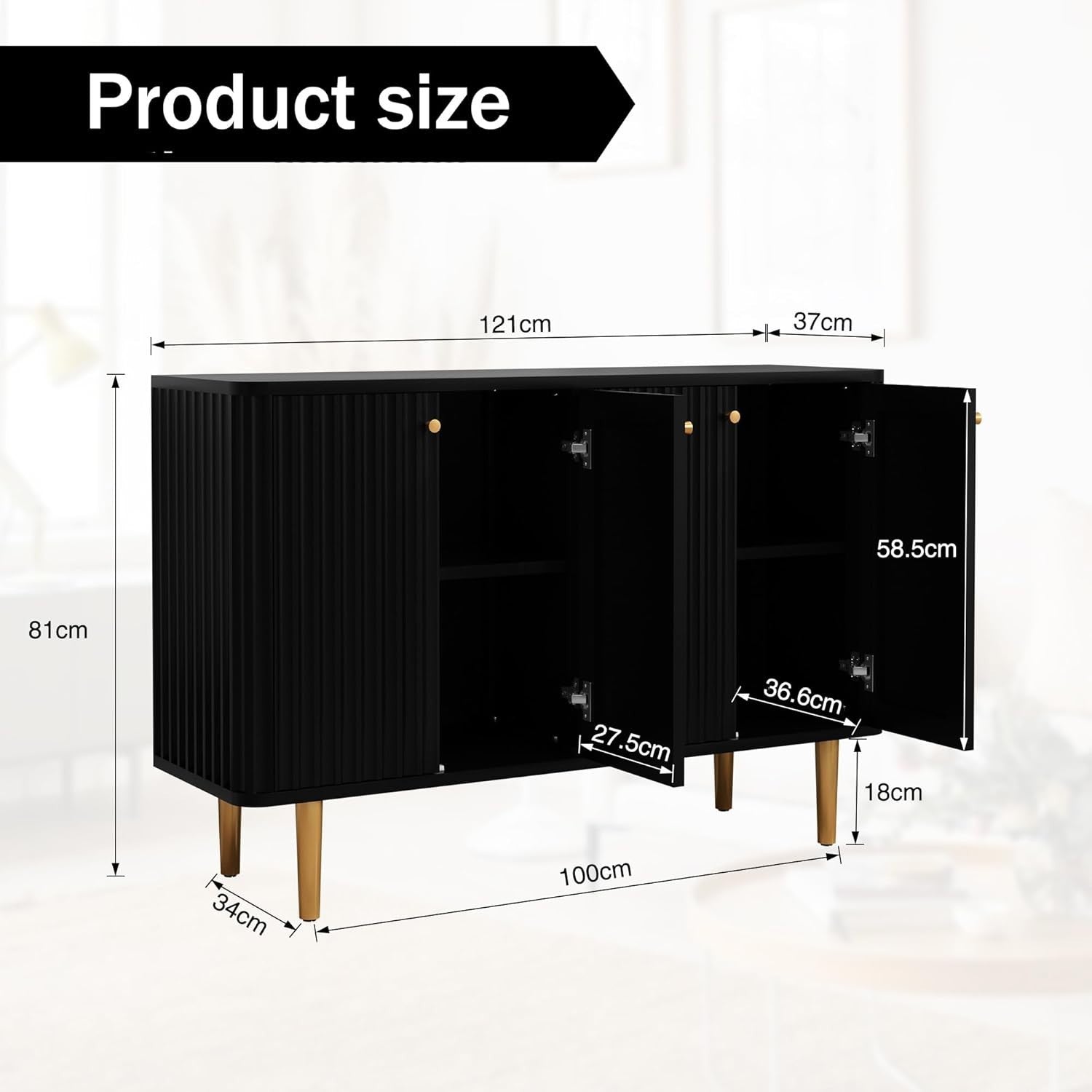 Modern 4-Door Buffet Sideboard Cabinet with Gold Accents & Ample Storage