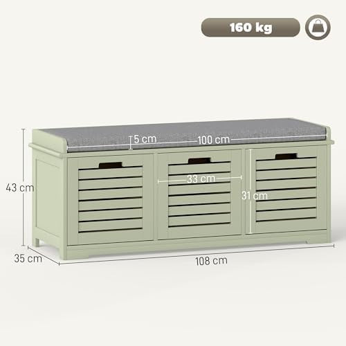 Green Shoe Storage Bench with Cushion & 3 Drawers – Modern Hallway Seat