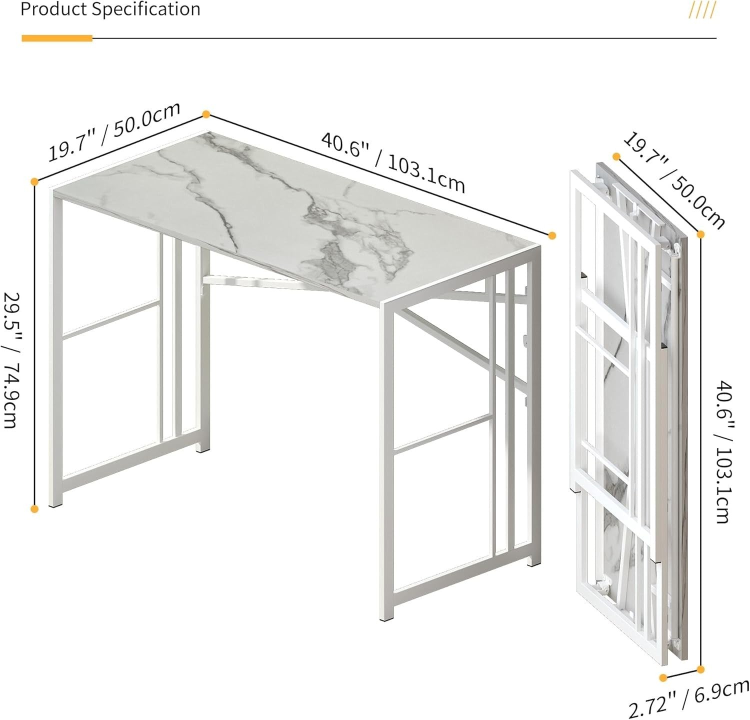Folding Desk 103cm White Marble No Assembly Home Office Computer Table