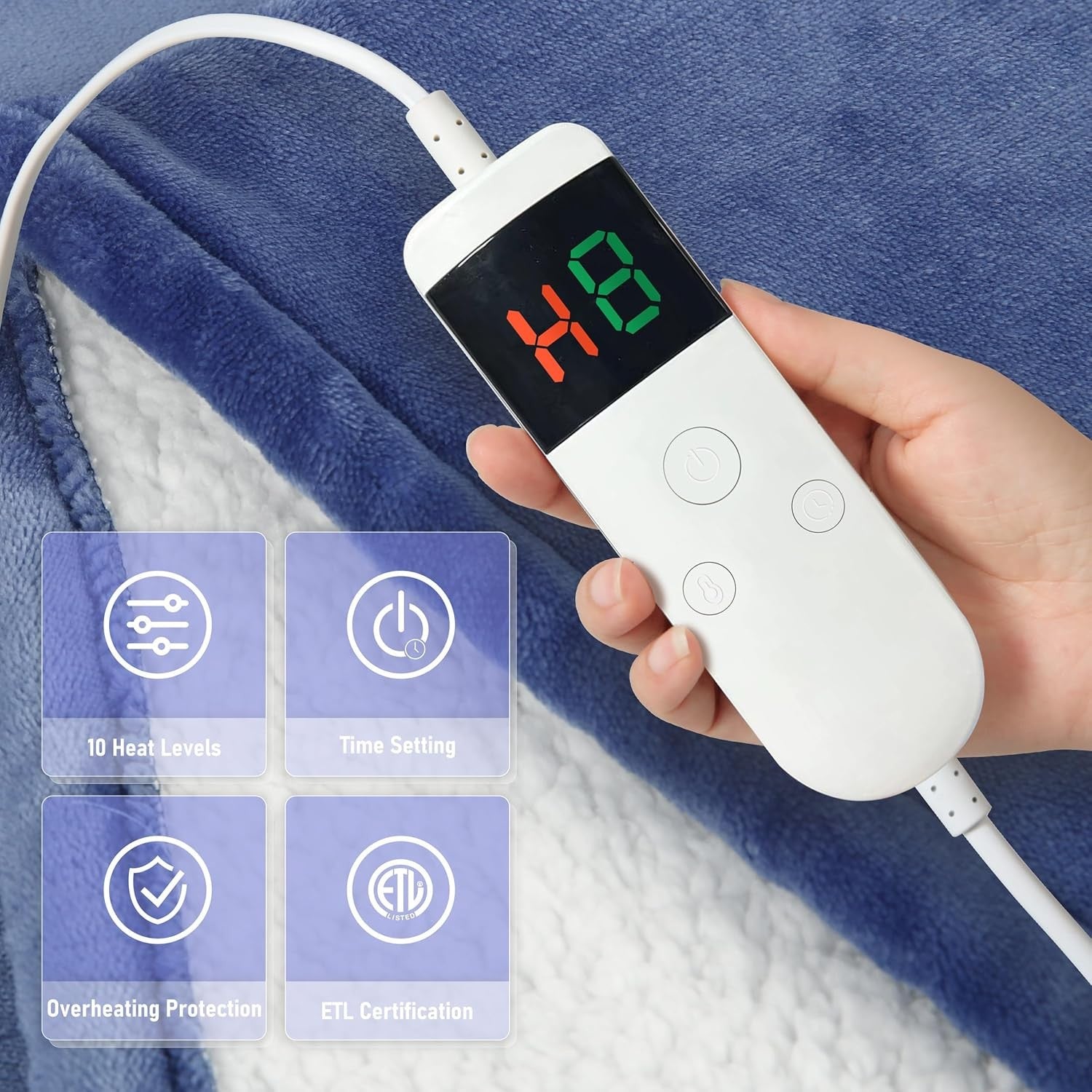 Electric Heated Throw Blanket Sky Blue 130x160cm Sherpa Fleece Auto Off