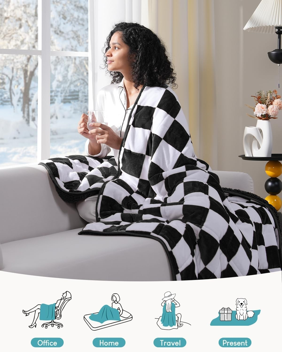 10lb Weighted Blanket 48x72 Sherpa Flannel Soft Calming Plaid Black