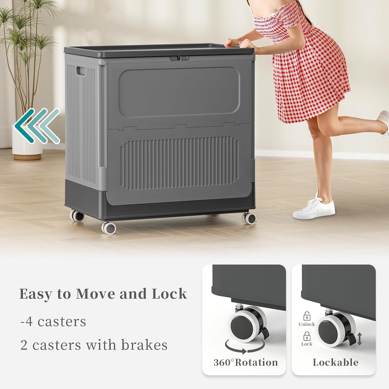 130L Large Laundry Basket with Lid & Wheels | Lockable Rolling Laundry Bin Grey
