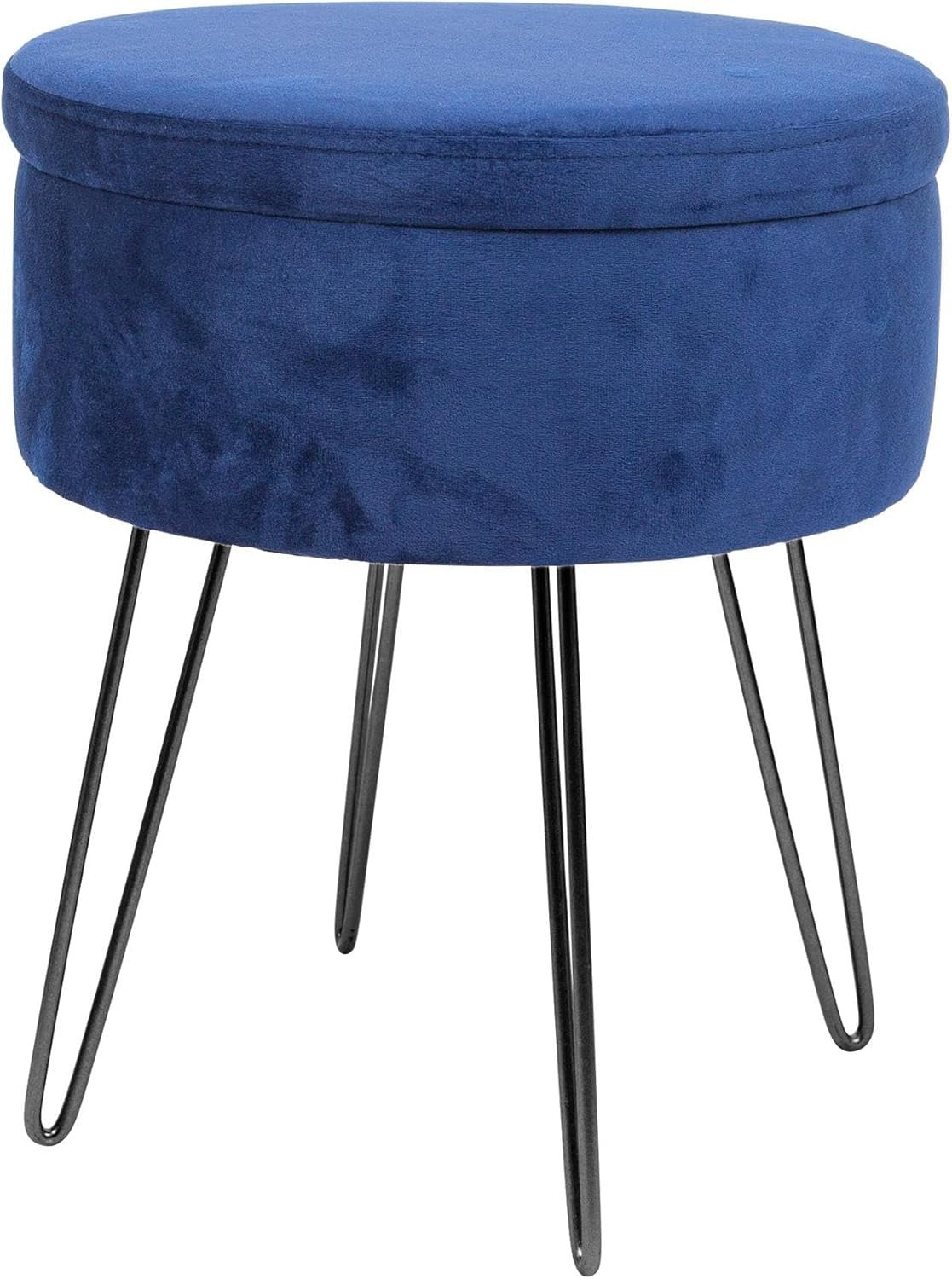Blue Velvet Round Footstool with Storage & Black Legs – Modern Compact Stool