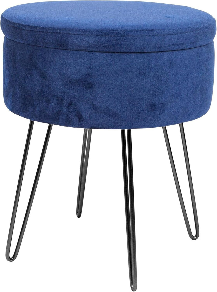 Blue Velvet Round Footstool with Storage & Black Legs – Modern Compact Stool