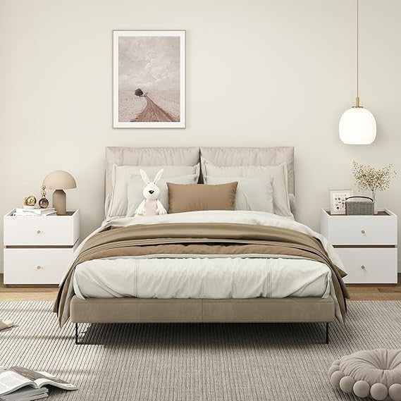 Modern White Bedside Tables Set of 2 with Drawers, Compact Wooden Nightstands